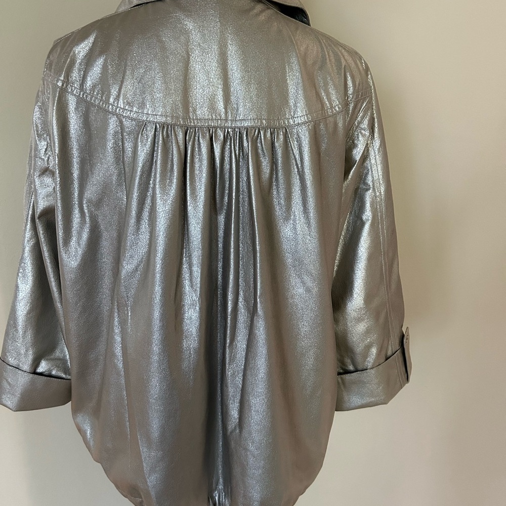 Sharon Young Faux Leather Metallic Silver Bomber Jacket - Picture 4 of 10